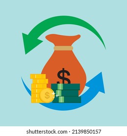 vector of money sacks, piles of banknotes, piles of coins, and circulation symbols. can be used for tax day commemoration purposes and the company's economy business