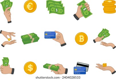 Vector Money Set. Business and Finance. Vector Illustration of Cash, Coins, and Credit Cards