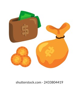 Vector money Set Kinds Of Money, Coin, Sack of Money, and Wallet of Money Illustration