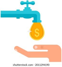 Vector money tap with faucet and coin drop flat icon. Flow economy illustration. Dollar cash pipe leak and human hand isolated on white background