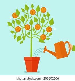 Vector money tree concept in flat style - green plant with coins on the branches - investment concept