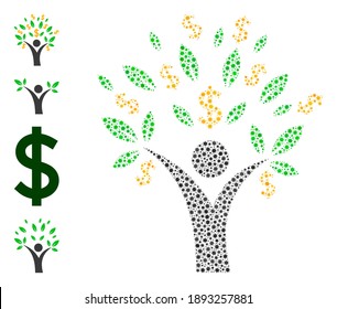 Vector money tree man icon covid mosaic. Money tree man mosaic is formed with tiny covid pathogen icons. Image is organized for pharmacy purposes.