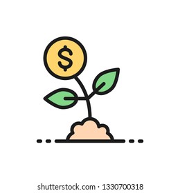 Vector money tree, save money, invest flat color line icon.