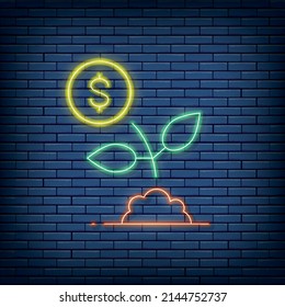Vector money tree, save money, invest neon sign. Vector illustration in neon style.