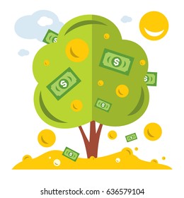 Vector Money Tree. Symbol of successful business. Flat style colorful Cartoon illustration.