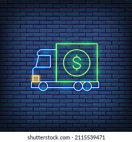 Vector money truck, transfer cash, banking car neon sign.