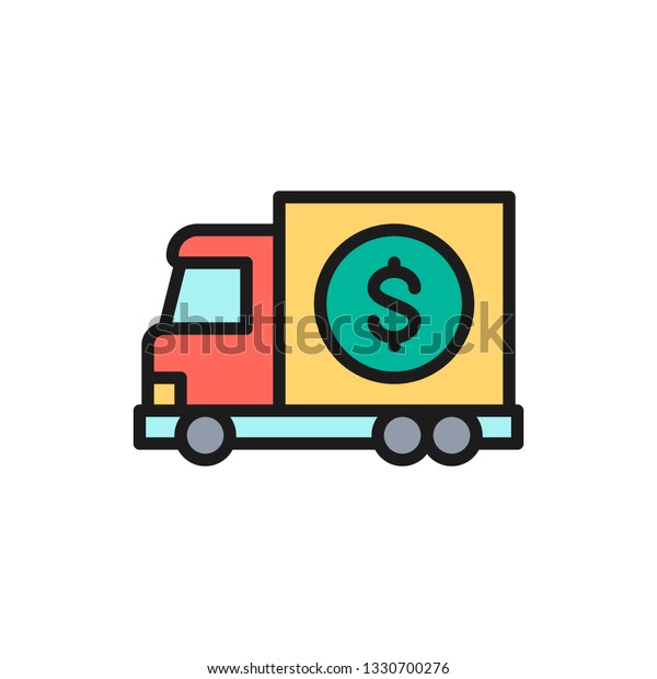 Vector money truck, transfer cash, banking car flat\
color line icon.