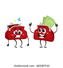 Vector money wallet characters set flat illustration isolated on a white background. Expressive sad, empty and happy full of money smiling wallets. Money, success wealth, poverty richness concept