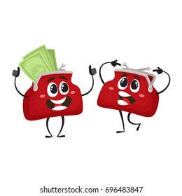 Vector money wallet characters set flat illustration isolated on a white background. Expressive puzzled, empty and happy full of money smiling wallets. Money, success wealth, poverty richness concept