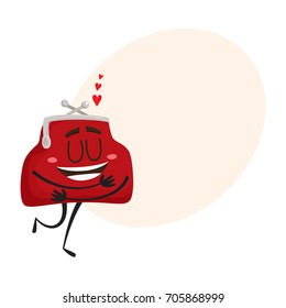 Vector money wallet in love character flat illustration isolated on a white background. Expressive happy wallet in love, hugging itself smiling with speech bubble