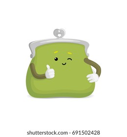 Vector money wallet, purse character flat illustration isolated on a white background. Expressive happy, emotinal satisfied wallet smiling gives thumbs up. Money, success wealth and richness concept