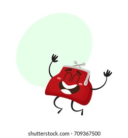 Vector money wallet, purse character flat illustration isolated on a white background. Expressive happy emotional, satisfied wallet jumping smiling with speech bubble