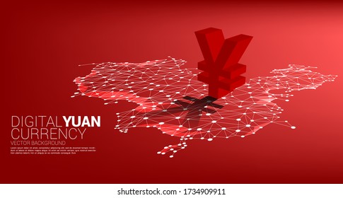 Vector money yuan currency icon 3D with shadow on china map dot line polygon. Concept for China financial and banking.