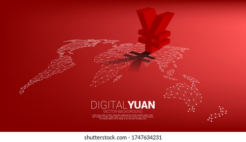 Vector money yuan currency icon 3D with shadow on world map dot line polygon. Concept for China financial and banking.