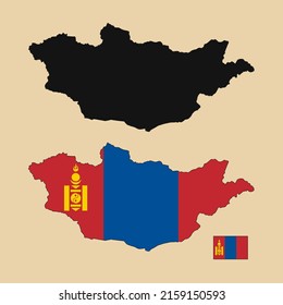 Mapa del esquemático del vector de Mongolia con bandera fijada en fondo plano. La silueta del mapa del país se puede utilizar para plantillas, informes e infografías.