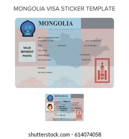 Vector Mongolia international passport visa sticker template in flat style