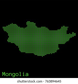 Vector Mongolia map dotted silhouette with green dots on a black background (as on old ancient computers running DOS)