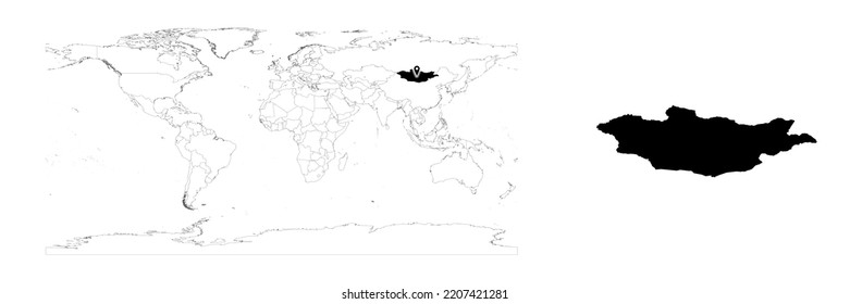 Vector Mongolia map showing country location on world map and solid map for Mongolia on white background. File is suitable for digital editing and prints of all sizes.