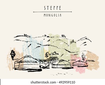 Vector Mongolia postcard. Yurts (gers) traditional Mongolian dwellings in Mongolian steppe. Mountains on background. Travel sketch. Brushpen graphic art. Hand drawn vintage book illustration, postcard