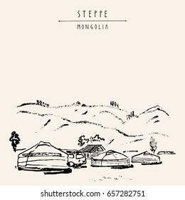 Vector Mongolia postcard. Yurts (gers) traditional Mongolian dwellings in Mongolian steppe. Mountains on background. Travel sketch. Brushpen graphic art. Hand drawn vintage book illustration, postcard