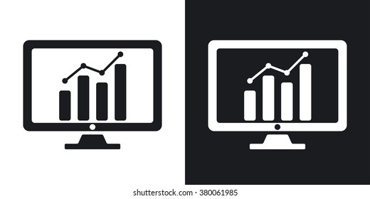 Vector monitor with business graph on the screen icon. Two-tone version on black and white background