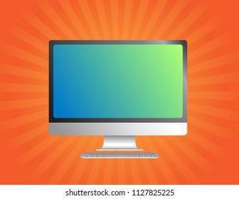 Vector monitor computer on shining orange background