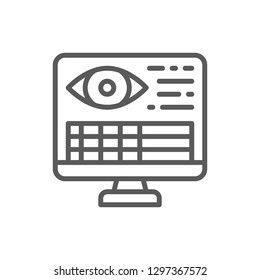 Vector monitor with patient personal page, medical eye history line icon. Symbol and sign illustration design. Isolated on white background