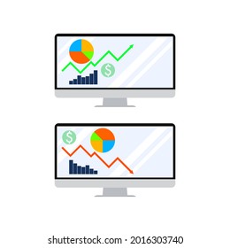 Vector of monitor screen showing pie chart, bar chart, uptrend and downtrend