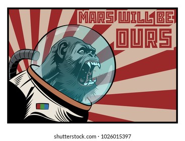 Vector Monkey Astronaut. Mars Colonization Poster