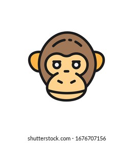 Vector monkey, chimpanzee, gorilla head flat color line icon.