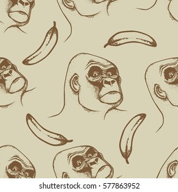 Vector Monkey Concept. Seamless Pattern of Hand draw head of african gorilla. The most dangerous ape and biggest monkey