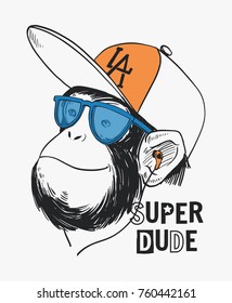 Desenho de macaco vetor com auscultadores, chapéu e óculos de sol ilustração. Super cara slogan gráfico para t-shirt e outros usos.