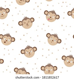 Vector monkey faces with different emotions. Set of animal emoji stickers. Heads with funny expressions isolated on white background. Cute avatars collection
