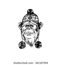 Vector  monkey with hat,  a symbol of New Year . Hand drawn vector illustration in sketch style. Sketch for print on a T-shirt ,  greeting card, invitations, posters and other design.