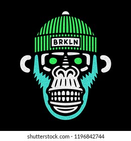 Vector monkey head. Retro wild hipster. Angry chimp with hat. 