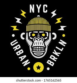 Vector monkey head. Retro wild hipster. Angry chimp with hat. NYC. Urban. Brooklyn. New York City.