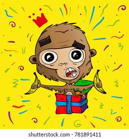 Vector monkey Illustration with bananas in a holiday gift box on a yellow, red and blue background confetti elements