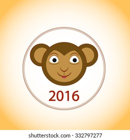 Vector monkey illustration with figures "2016". Funny monkey logo in a circle. Monkey face. Year of the monkey symbol.