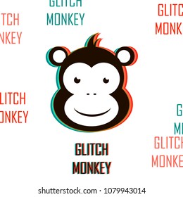 Vector monkey illustration with TV glitch effect. Modern style design.