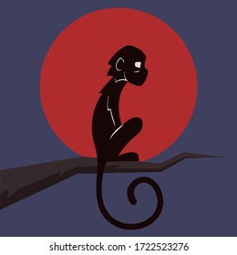 vector monkey sitting on a branch at night, red moon