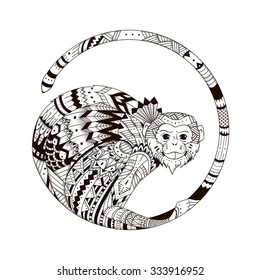 Vector Monkey style zentangl. Graphic illustration style zentangle 2016. Sketch of tattoo totem tribal