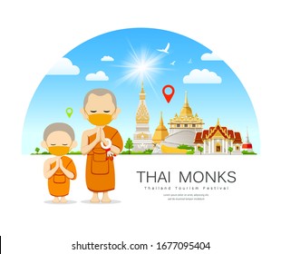 Vector Monks and novices Thailand, with in put fabric yellow mask, prevent communicable diseases on thailand Place of respect for faith architecture design background, illustration