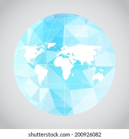 Vector mono blue background illustration of Earth made. Techno map of the world with low polygonal background.