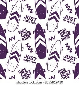 Vector Mono Color Illustration of Skateboard with Pattern and Phrase. Skateboarding Seamless Pattern with Cartoon Skateboard and Word. Line Art Style Skate Background for T-shirt and Paper Print