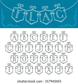 Vector mono line decorative font. Latin alphabet of isolated bunting flags with outline letters. Empty, monochromatic. 