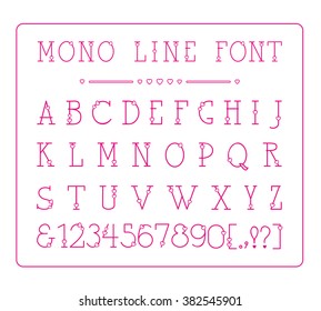 Vector mono line decorative font with hearts. Latin alphabet of vintage outline letters