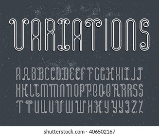 Vector mono line decorative font for dark backgrounds. Latin alphabet of outline letters. Some variations of letters for better kerning. 