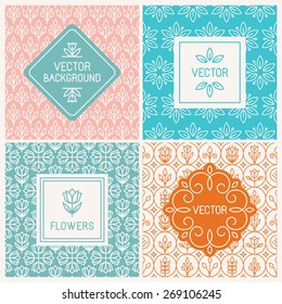 Vector mono line graphic design templates - labels and badges on decorative backgrounds with simple patterns - floral logo design templates