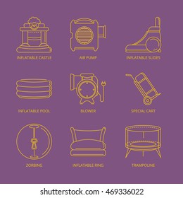 Vector mono line icons set of inflatable castles, slides, round pool, trampoline for kids and accessory for inflatable playground. Linear style Isolate on dark background