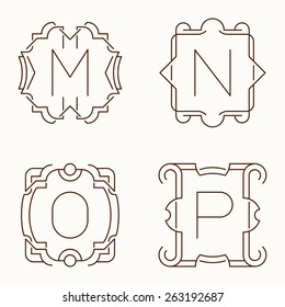 Vector mono line monograms. M, N, O, P.
Vector monograms. Geometric frames with letters in mono line style.
